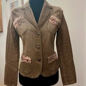 Elegant Brown Blazer with Pink Lace Details